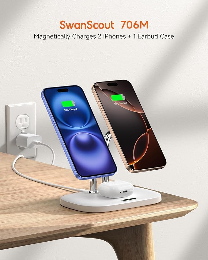SwanScout Wireless Charger for iPhone Air/17, SwanScout 706M, Dual Magnetic Charger for iPhone 16/15/14/13/12 Series, Charging Station for AirPods Pro 3/2, AirPods 4/3rd (White)
