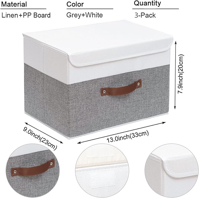 Yawinhe Collapsible Storage Bin, Cube Organizer Basket, Fabric Box with Lids, Washable and Leather Handle, for Home, Closet, White/Grey, 13.0''Lx9.0''Wx7.9''H, 3-Pack, SNK024WGS-3