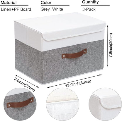 Yawinhe Collapsible Storage Bin, Cube Organizer Basket, Fabric Box with Lids, Washable and Leather Handle, for Home, Closet, White/Grey, 13.0''Lx9.0''Wx7.9''H, 3-Pack, SNK024WGS-3