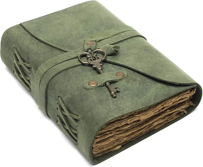 Vintage Leather Journal - Antique Handmade Deckle Edge Vintage Paper Leather Bound Journal - Book of Shadows Journal - Leather Sketchbook - Drawing Journal - Great Gift (Green, 7.5"x5.5")
