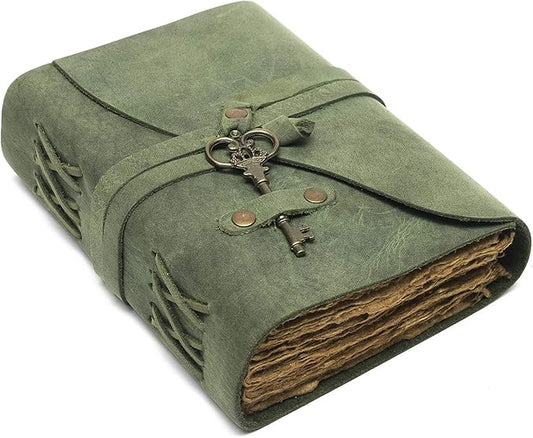 NomadCraftsCo. Vintage Leather Journal - Antique Handmade Deckle Edge Vintage Paper Leather Bound Journal - Book of Shadows Journal - Leather Sketchbook - Drawing Journal - Great Gift (Green, 9"x6")