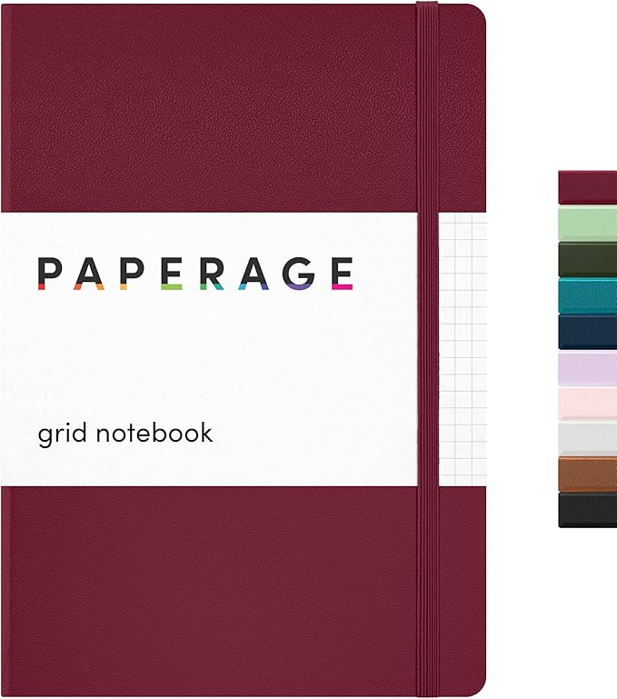 PAPERAGE Graph Paper Journal Notebook, (Burgundy), 160 Pages, Medium 5.6 in x 8 in - 100 GSM Thick Paper – Hardcover Grid Notebook for Work or School