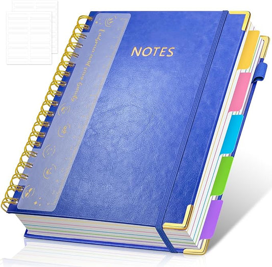 Hardcover Spiral Notebook Journal, 8"x10" Large B5 Notebooks with Removable Dividers Tabs, 300 Pages Leather 5 Subject Notebook College Ruled, Journal for Work School Note, 100 GSM Thick Paper,Blue
