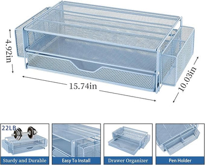 AUPSEN Computer Monitor Stands Riser，2-Tier Desk Organizers and Accessories, Office Desk Accessories Organizer with Drawers and 2 Pen Holder for Office Supplies (Blue)