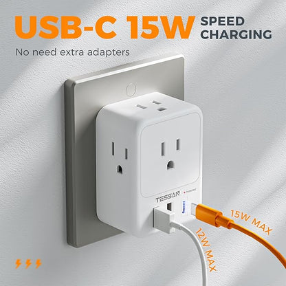 USB Charger Block, TESSAN Outlet Extender Surge Protector with USB C, 4 AC Multi Plug Wall Outlet Splitter 1875W, Electrical Plug Expander for Home Office Dorm Room Essentials, White