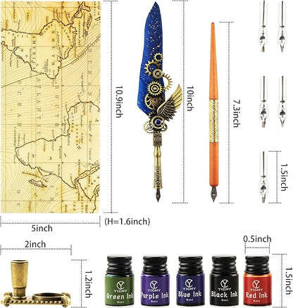 Feather Pen and Ink Set Calligraphy Kit for Beginners with Quill Pen, Antique Vintage Stationary Set for Writing, Signing & Hand Lettering Art