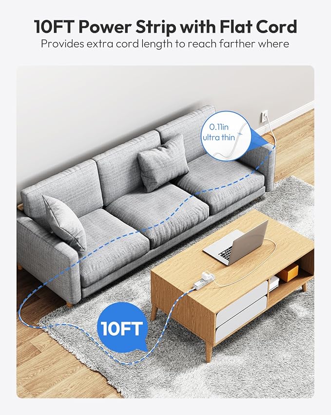 Surge Protector Power Strip 10 FT, Flat Extension Cord with 9 Widely Outlets 3 USB Ports(1 USB C), 1080J, Flat Plug, 3 Side Extension Cord with Multiple Outlets, Mounted, for Indoor Home Office, White