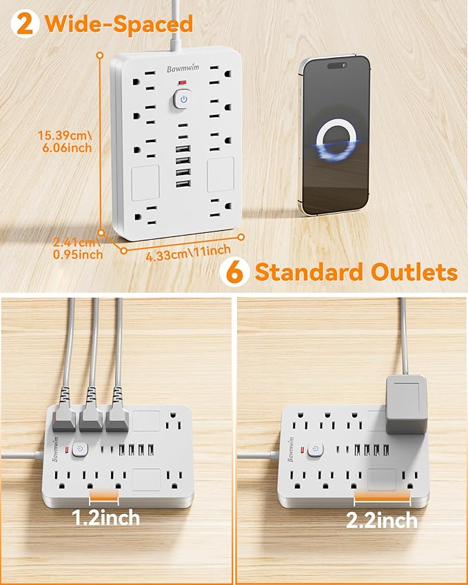 Surge Protector Power Strip - 8 Outlets(1850W/15A) with 6 USB Ports（2 USB C, 6FT Flat Plug Extension Cord, Wall Mount Multi Plug Outlet Extender, ETL Listed for Home, Dorm Room, White