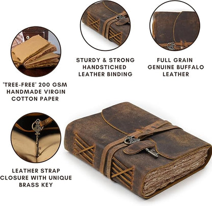 LEATHER VILLAGE Vintage Leather Journal – 200 Handmade Vintage Deckle Edge Paper – Leather bound Journal For Women Men – Vintage Key Closure - Book of Shadows - Cappuccino Brown - 10X7 inches