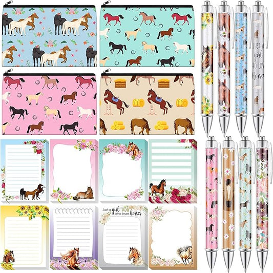 Eaasty 20 Pieces Horse Gift Set Sticky Notes with Pens, Pencil Bags Makeup Bags Animal Lover Gift, 3 x 4 Inches Cute Note Pads, Funny 1.0 mm Ballpoint Pens, Office Supplies for Women