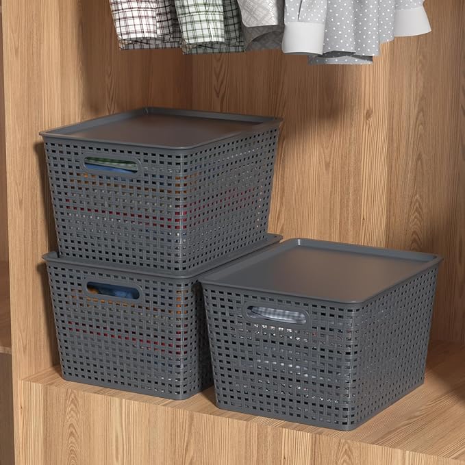 6-Pack Large Plastic Storage Baskets Bins with Lid, Ideal for Barthroom, Kitchen, Pantry, Closets, Organizing, Gray