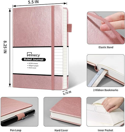 Annecy Lined Journal Notebook, Hardcover Leather Journal for Women & Men, 160 Numbered Pages, Medium 5.5" x 8.25", 100 GSM Thick Paper, Rose Gold