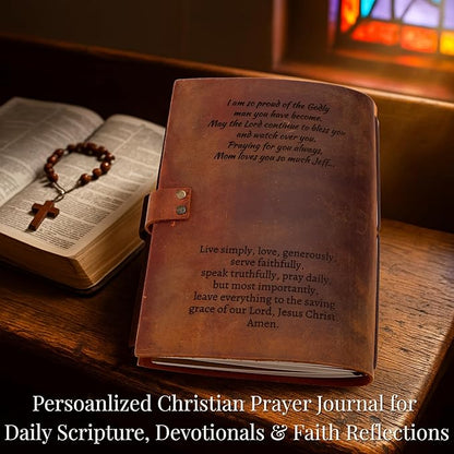 Personalized Christian Prayer Journal for Men & Women – Engraved Leather Bible Study Journal with Scripture & Cross – Refillable A5 Devotional Custom Notebook – Faith, Graduation, and Gratitude Gift