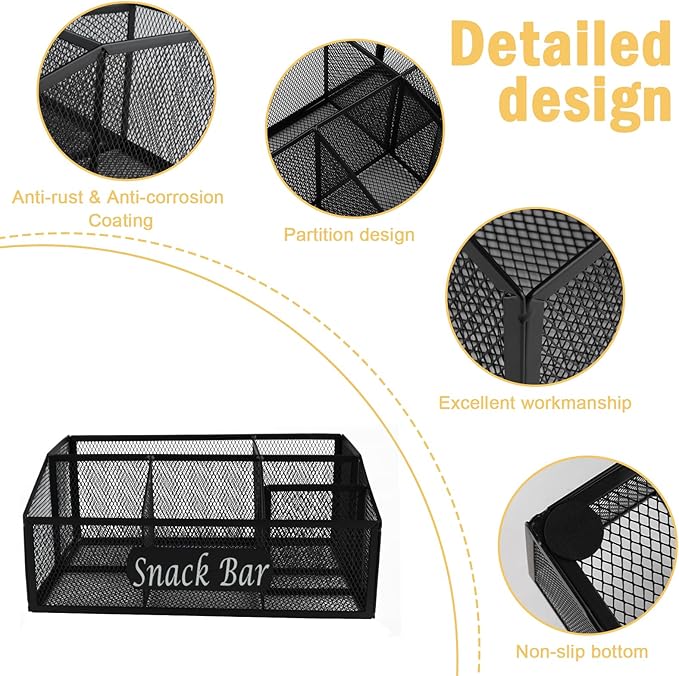 Snack Organizer for Pantry Shelf, Metal Snack Organizer Snack Basket, 6 Compartment Snack Bin Holder Chip Organizer, Snack Bar Station Organizer, Kitchen Pantry Organizer and Storage (Black)