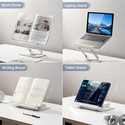 Acrylic Book Stand for Reading, Adjustable Book Holder with 360° Rotating Base & Elastic Page Clips, Foldable Desktop Riser Stand for Cookbook,Laptop,Tablet,Music Scores,Recipe,Textbook (Black)