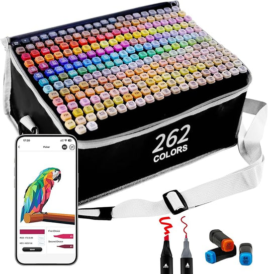 262 Colors Alcohol Markers with APP, Dual Tip Art Marker for Adults Coloring Books, Alcohol Ink Based Illustration Markers Set for Adult Artist Drawing Sketching Painting Lettering Cards