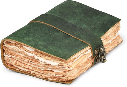 LEATHER VILLAGE Leather Bound Vintage Journal for Women & Men - Book of Shadows - Lock Closure - 200 Pages of Antique Deckle Edges Handmade Paper - Green Color - 7 x 5 inches