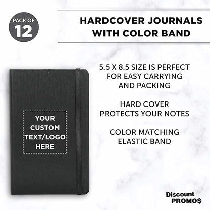DISCOUNT PROMOS Custom Hardcover Notebook Journals with Elastic Colored Band Set of 12, Personalized Bulk Pack - Perfect for School, Office, Home - Black