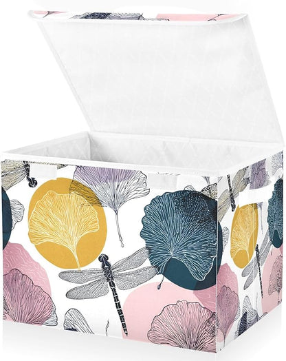 Dragonfly Storage Bins Box with Lids Collapsible Fabric Storage Basket Lidded Cube Storage Containers for Organizing Shelves Closet Office