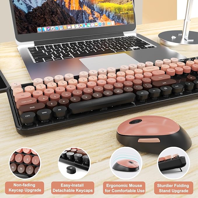 Wireless Keyboard and Mouse Combo, Ergonomic Full Size Typewriter Retro Round Keycaps Keyboard, Compatible with Windows, PC, Perfer for Home and Office Keyboards (Aurora Red)