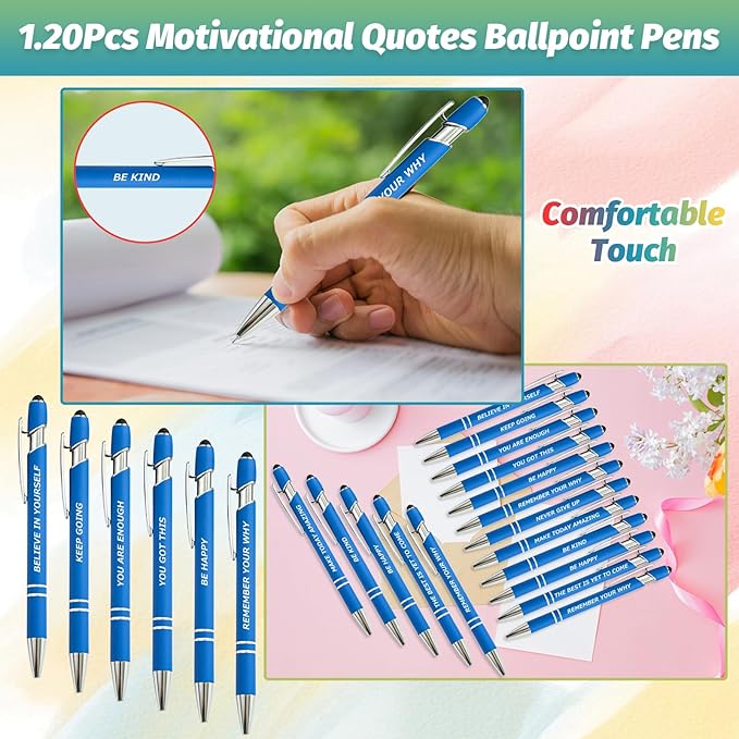 60 Piece Inspirational Pens Kit with Stylus Tip & Sayings – 30 Motivational Pen + 30 Individual Bags – Uplifting Quote & Positive Ideas – For Teachers, Office, School, Meetings, Team Events(Blue)