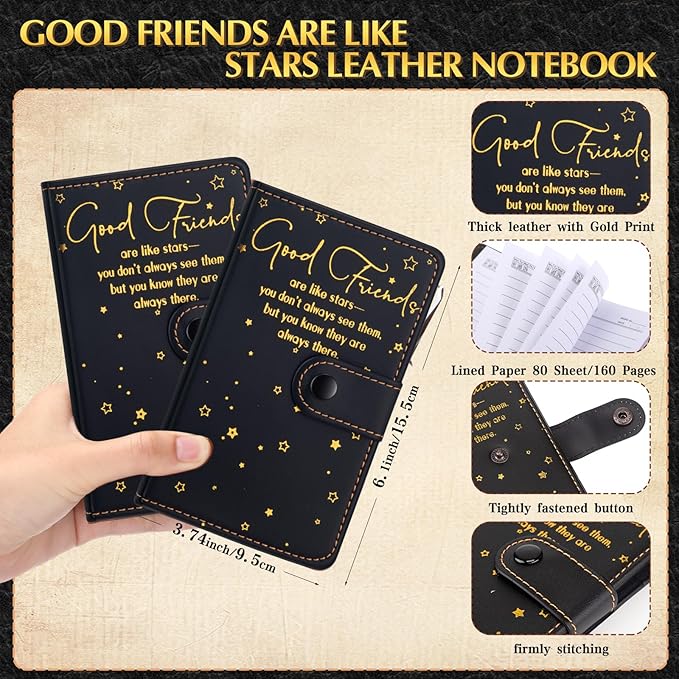12 Pcs Friendsgiving Gift Bulk for Good Friends A6 Leather Journal Notebook Notepads with Bamboo Pens Friendship Appreciation Gift for Thanksgiving Birthday Women Sister Group (Black)