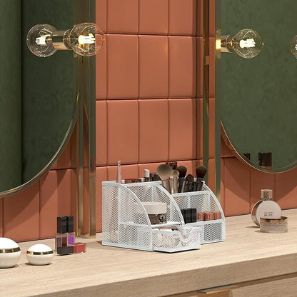 EasyPAG Mesh Desk Organizer with Drawer Multi-Functional Pen Holder Stationery Organizer for Office School Supplies 6 Compartments Dorm Organizers and Storage for Desk, White