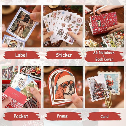 Draupnir Christmas Scrapbooking Supplies Kit,New Year Festival Aesthetic Scrapbook Stickers Kit for Junk Journal,Stationery,Bullet A6 Grid Notebook DIY Scrapbook Craft Christma Gift for Teen Girl Kid