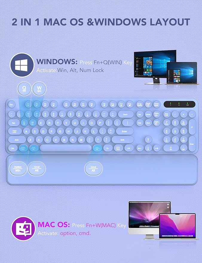 Wireless Keyboard and Mouse Backlit - Typewriter Keyboard with Retro Round Keycaps, Detachable Wrist Rest, Light Up Letters, 2.4G Rechargeable Combo for Mac, Windows, PC, Laptop, Trueque (Purple)