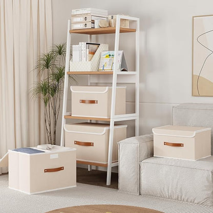 Yawinhe Collapsible Storage Boxes, Linen Fabric Baskets, Bin with lid and Leather Handle, Washable, for Home, Closet, Beige, 17.7''Lx11.8''Wx11.8''H, 1-Pack, USNK024BEX-1