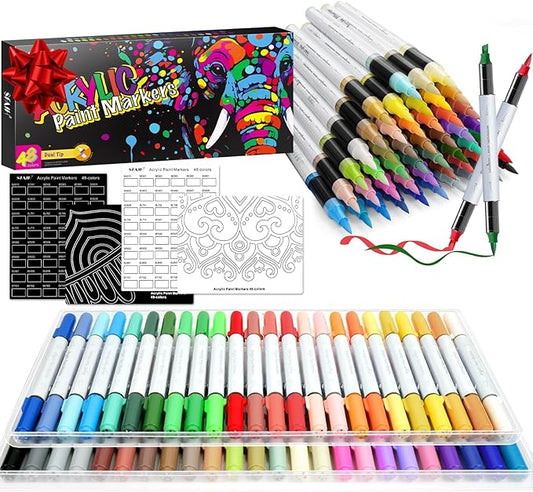 SFAIH Christms Gifts Acrylic Paint Markers, 48 Colors Dual Tips Acrylic Brush Markers With Chisel Tip, Automatic Ink Control, Ultra-High Coverage, No Bleed Ink, Art Supplies for Rock, Canvas, Fabric