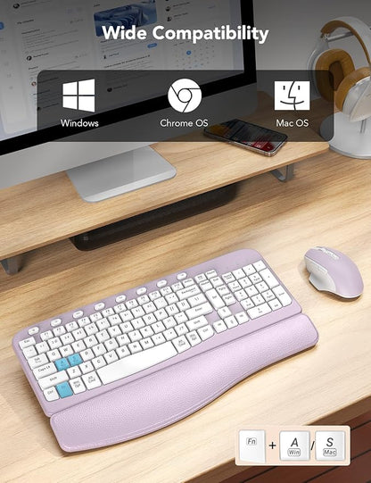 SABLUTE Wireless Keyboard and Mouse Combo, Ergonomic Wave Key, Cushioned Plam Rest, Comfortable Silent Natural Typing, 2.4G Lag-Free, Full Size Keyboards Cordless Set for Multi-OS, Windows/Mac, Purple