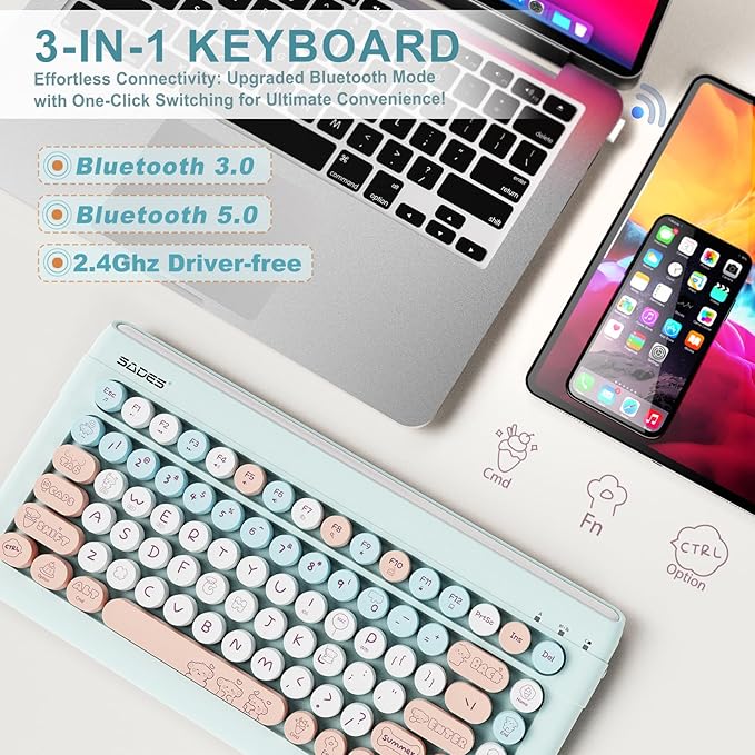 Wireless Bluetooth Keyboard for iPads Tablet Mac PC Laptop Desktop Smart Phone,Cute Typewriter Style Computer Keyboard with Round Raised Keys,Colorful Mini iPad Keyboard for Kids Girl Women-Cream Blue