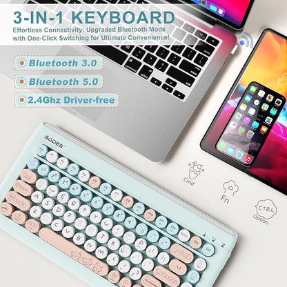 Wireless Bluetooth Keyboard for iPads Tablet Mac PC Laptop Desktop Smart Phone,Cute Typewriter Style Computer Keyboard with Round Raised Keys,Colorful Mini iPad Keyboard for Kids Girl Women-Cream Blue