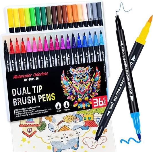 36 Colors Brush & Fine Dual Tip Art Markers Set for Adult Kids Coloring, Dual Tip Colored Pens Markers Quick Drying Without Fading ,Water Based Marker for Painting,Calligraphy, Doodling Journal