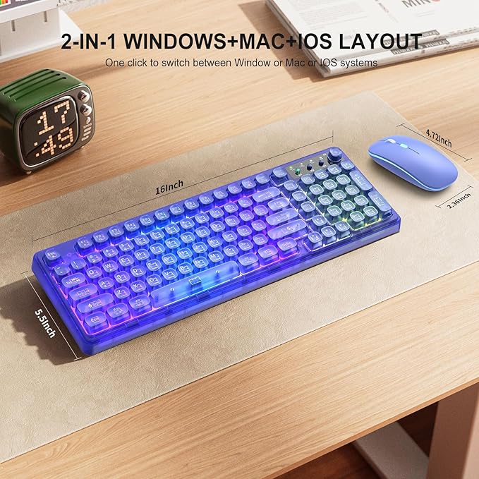 Blue Light Up Keyboard and Mouse Wireless,Cute 2.4Ghz Cordless Rechargeable Transparent Backlit Keyboard,15 Backlight Effects,Volume Knob,RGB Mouse with 3 DPI for Mac Computer PC Laptop Desktop iPad
