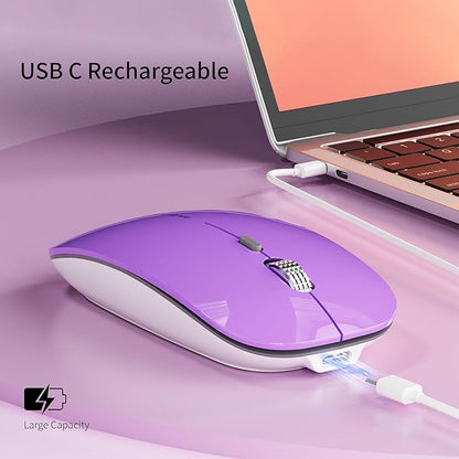 Uciefy Q5 Slim Rechargeable Wireless Mouse, 2.4G Portable Optical Silent Ultra Thin Wireless Computer Mouse with USB Receiver and Type C Adapter, Compatible with PC, Laptop, Desktop (Purple)
