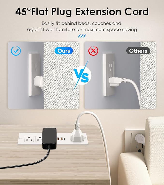 VILONG Recessed Power Strip with PD 20W USB-C, Flush Mounted Drawer Outlet, 4 Outlets & 3 USB Ports, Conference Desktop Built in Power Strip, 6.5FT Extension Cord(White)