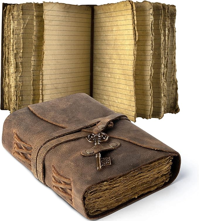 Vintage Leather Journal Lined Pages with Key - Antique Handmade Deckle Edge Vintage Paper Leather Bound Journal - Book of Shadows Journal - Leather Sketchbook - Drawing Journal - Great Gift