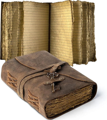 Vintage Leather Journal Lined Pages with Key - Antique Handmade Deckle Edge Vintage Paper Leather Bound Journal - Book of Shadows Journal - Leather Sketchbook - Drawing Journal - Great Gift