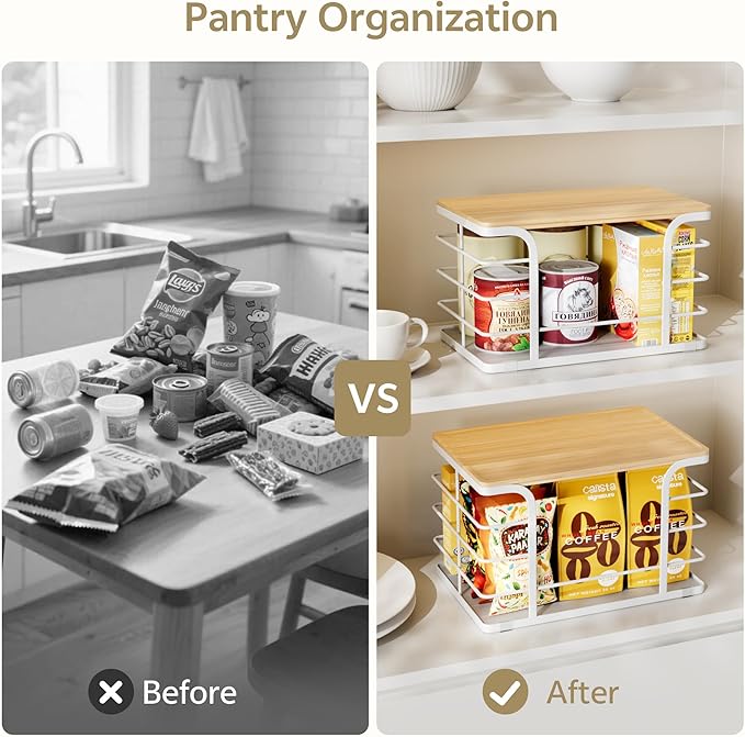 2 Pack Pantry organizers and Storage,Kitchen Organization with Bamboo Top,Stackable Kitchen Pantry bin for Onion,Potato,Fruits,Produce,Vegetable,White