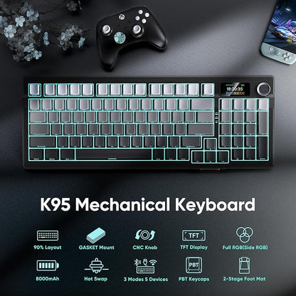 RedThunder K95 Wireless Mechanical Keyboard,TFT Screen & Knob, Trip-Modes Connection, Gasket Custom Hot-Swap Keyboard, RGB Backlit, Pre-lubed Linear Switches, Side Printed PBT Keycaps, Gray Gradient