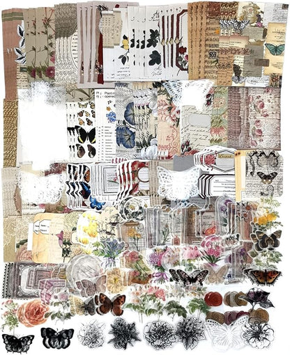 260PCS Vintage Journaling Scrapbooking Supplies Scrapbook Sticker Paper Ephemera Pack for Bullet Junk Journal Planners Collage Craft Notebooks Album (Flowers and Butterflies)
