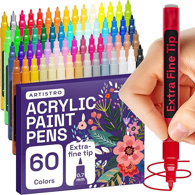 ARTISTRO 60 Acrylic Paint Pens, Art Set Acrylic Paint Markers, Fabric Markers for Textile, Canvas, Rock, Glass, Wood, Paper, Pumpkin, DIY, Paint Markers for Kids and Adults