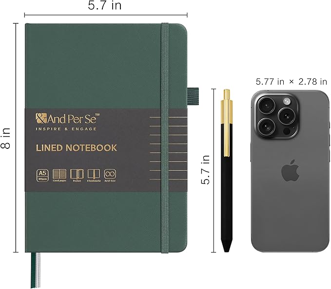 &And Per Se Lined Journal and Pen Set, A5 Leather Journal Stationery Set, 160 Pages 100GSM Thick Paper, Notebook Gift Set (Green-Set1)