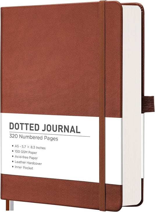 RETTACY Bullet Dotted Journal Notebook, 320 Numbered Pages, A5 Medium Size (5.7'' × 8.3''), Leather Hardcover, 100 GSM Thick Paper, for Bullet Journaling, Planning, Tracking (Brown)