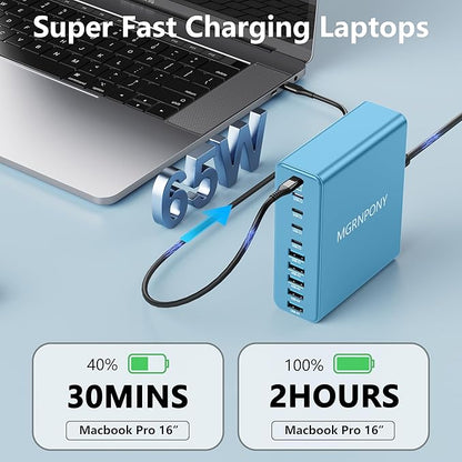 320W USB C Charger Block, 10-Port USB C Charging Station GaN III PD 65W PC Laptop Fast Charger Adapter for MacBook Pro/Air, DELL, iPad, iPhone, Samsung Galaxy (Light Blue)