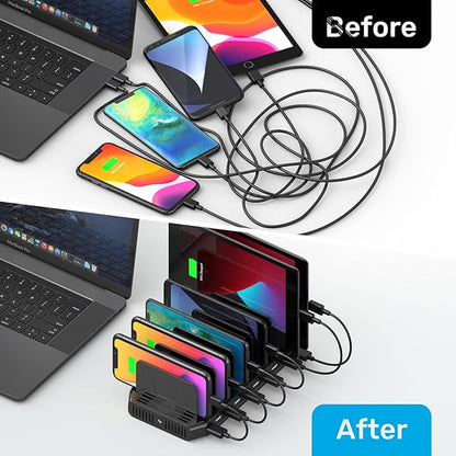 【5PCS】 Unitek USB Charging Station, 10 USB Fast Ports Charge Docking Station and Adjustable Dividers, Multi Device Charger Organizer Compatible with iPad, iPhone, Tablet and Cell Phone - 5PCS, Black