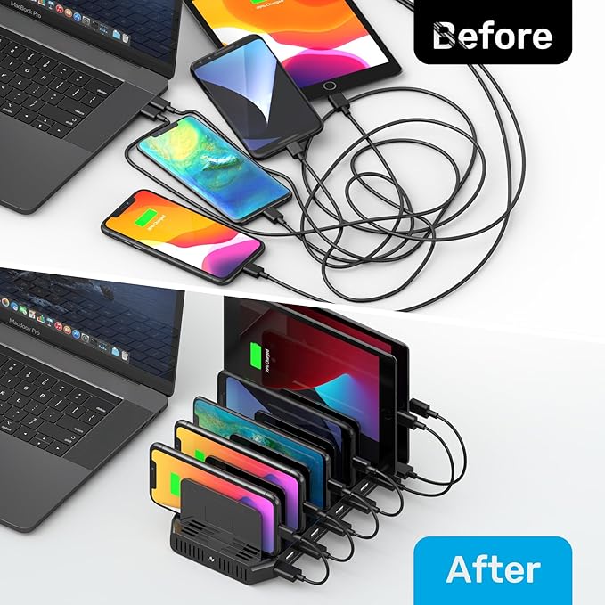 【10PCS】 Unitek Multi Charging Station, 10-Port USB Charger for Multiple Device with SmartIC Tech and Adjustable Dividers, Organizer Stand Compatible with iPad, Tablet, Kindle, iPhone - 10PCS, White