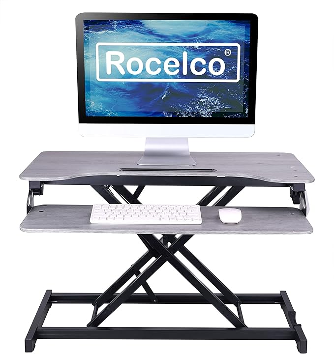 Rocelco Standing Desk Converter with Dual Monitor Mount - 31.5 Inch Sit Stand Up Tabletop Riser with Tablet Holder, Height Adjustable Workstation - Deep Keyboard Tray for Laptop - Gray (R VADRG-DM2)